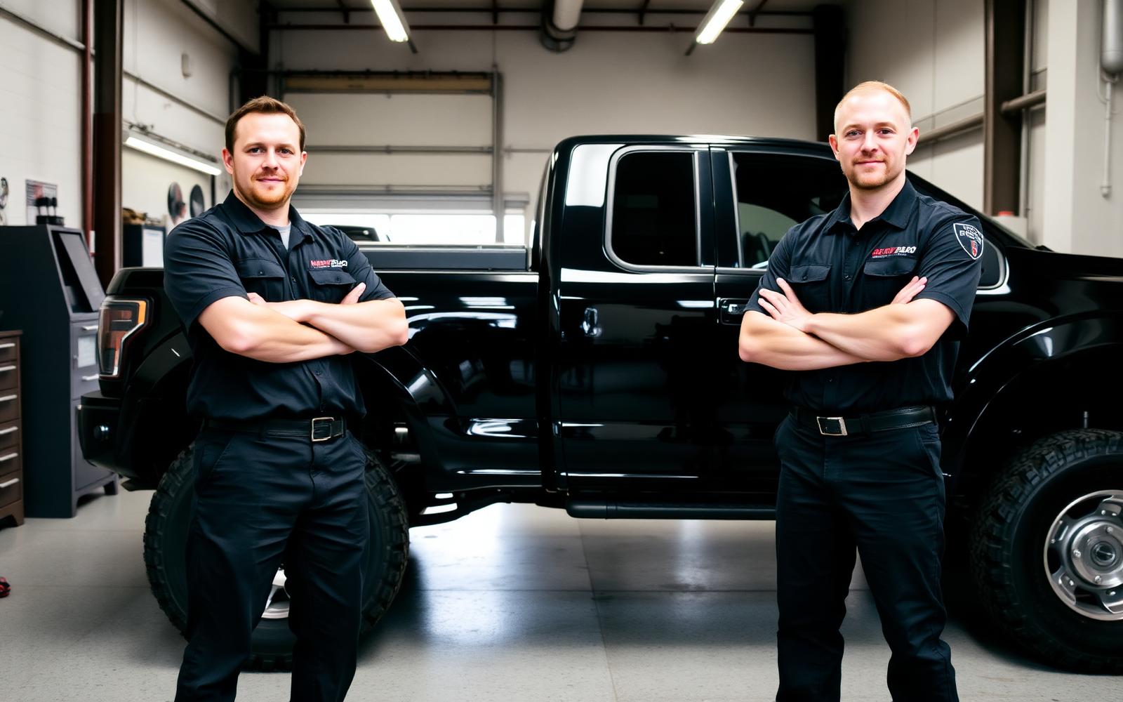 East West Auto Tint technicians standing beside a freshly tinted truck in the shop